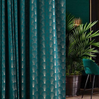 The Roaring Twenties Luxury Art Deco Shell Patterned Teal & Silver Curtain Drapes