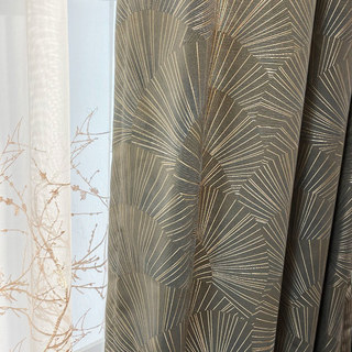 Ginkgo Leaves Luxury Art Deco Patterned Champagne Gray Gold Curtain Drapes 4