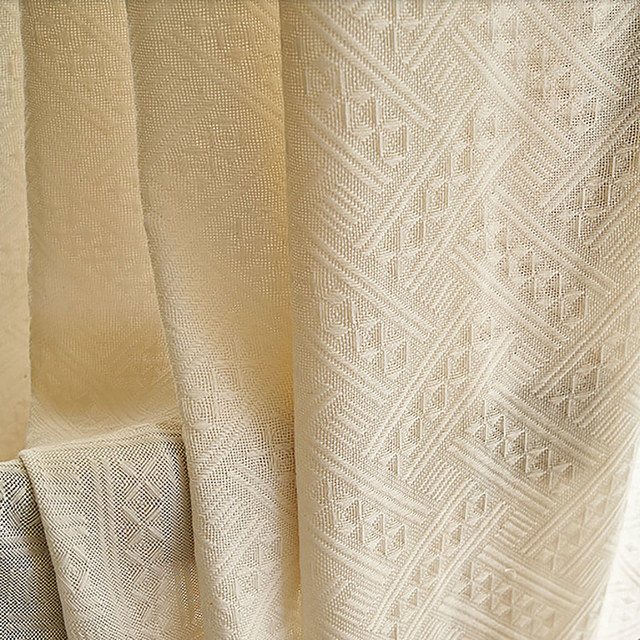 Woven Knit Cotton Blend Crisscross Patterned Cream Heavy Semi Sheer Curtain 1