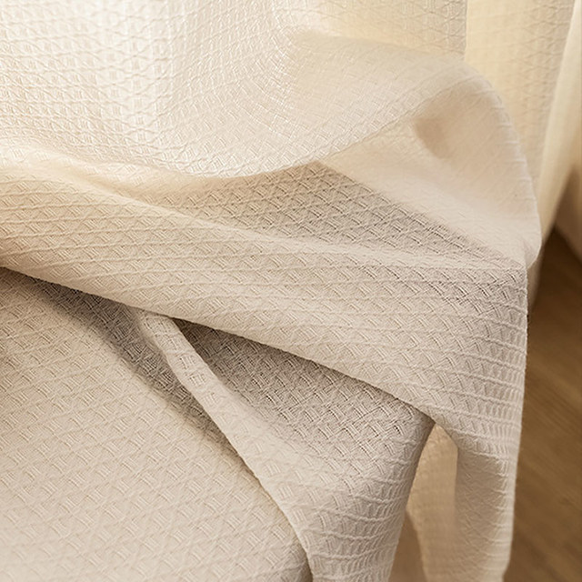 Woven Knit Cotton Blend Diamond Patterned Cream Heavy Semi Sheer Curtain 1