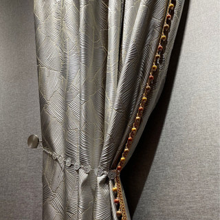 Banana Leaves Luxury 3D Jacquard Silver Gray Curtain with Gold Details 2