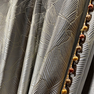 Banana Leaves Luxury 3D Jacquard Silver Gray Curtain with Gold Details 4