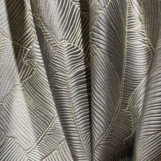 Banana Leaves Luxury 3D Jacquard Silver Gray Curtain with Gold Details 5