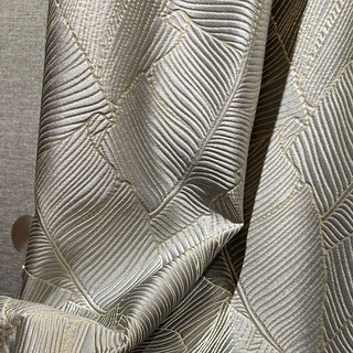 Banana Leaves Luxury 3D Jacquard Silver Gray Curtain with Gold Details 3