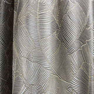 Banana Leaves Luxury 3D Jacquard Silver Gray Curtain with Gold Details