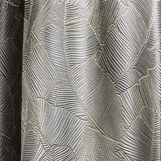 Banana Leaves Luxury Jacquard Silver Gray Curtain with Gold Details