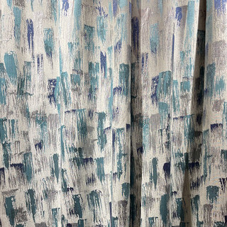 Impressionist Strokes Luxury Jacquard Teal Blue Curtain with Silver Details 3
