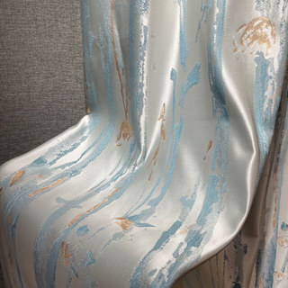 Misty Rain Jacquard Faux Silk Cream & Pastel Blue Floral Curtain With Gold Details