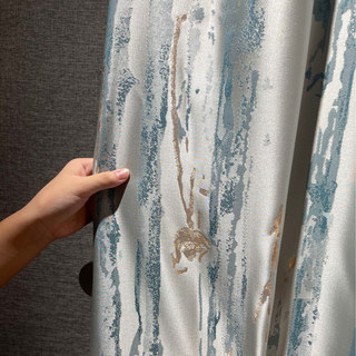 Misty Rain Jacquard Faux Silk Pastel Blue Abstract Curtain With Gold Details 5