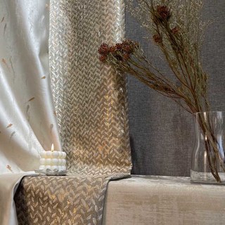 Field of Gold Jacquard Grain Patterned Mocha Curtain with Gold Details 4