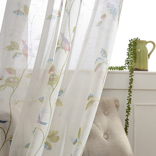 Misty Meadow Floral And Bird Cream Sheer Curtain 1