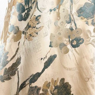 Secret Garden Jacquard Silky Satin Cream & Pastel Teal Floral Curtain with Gold Details 2