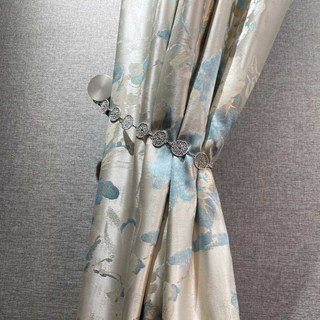 Secret Garden Jacquard Silky Satin Cream & Pastel Teal Floral Curtain with Gold Details 7