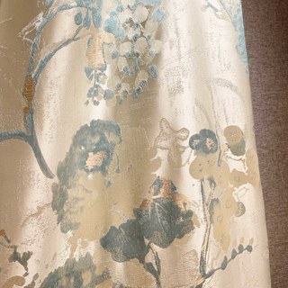 Secret Garden Jacquard Silky Satin Cream & Pastel Teal Floral Curtain with Gold Details 8