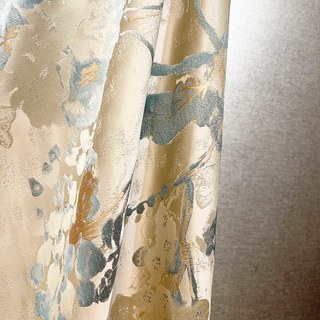 Secret Garden Jacquard Silky Satin Cream & Pastel Teal Floral Curtain with Gold Details 3