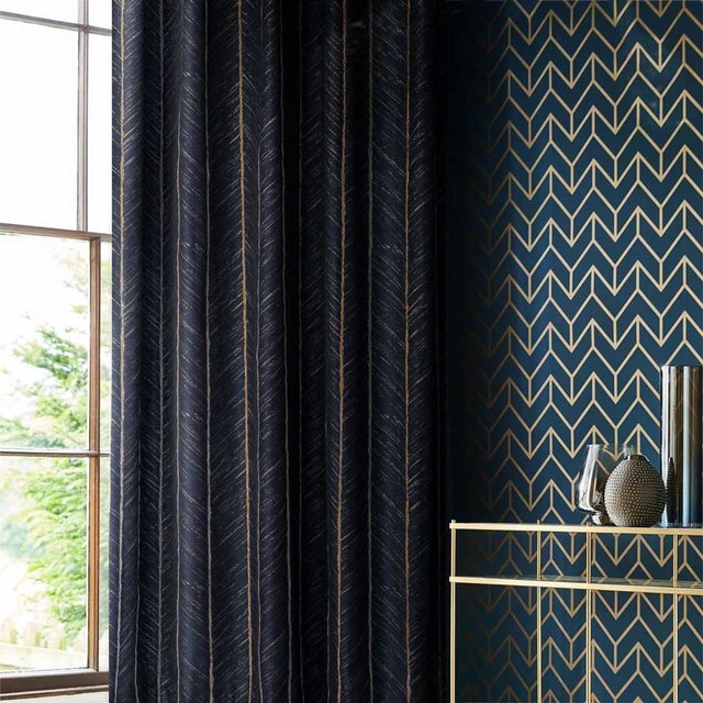 New Look Luxury Art Deco Herringbone Navy Blue Gold Curtain Luxury Art Deco Herringbone Navy Blue, Art Deco Curtains Blue