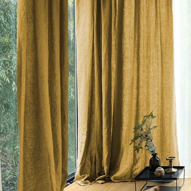 Wabi Sabi Pure Flax Linen Mustard Yellow Heavy Semi Sheer Curtain 1