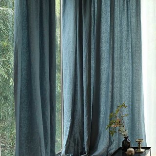 Wabi Sabi Pure Flax Linen Teal Blue Heavy Semi Sheer Curtain 4