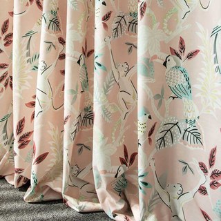 Jungle Mingle Monkey and Parrot Pink Floral Velvet Curtain 2