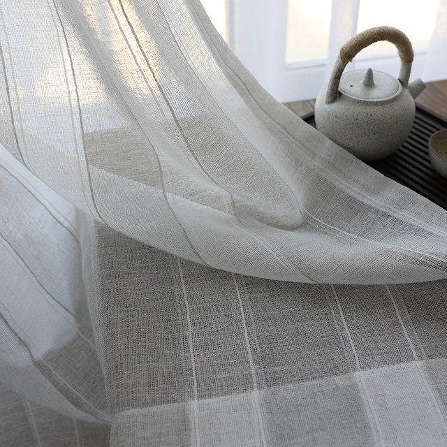 Natures Hug Sand & Mist Cream Textured Striped Linen Sheer Curtain 1