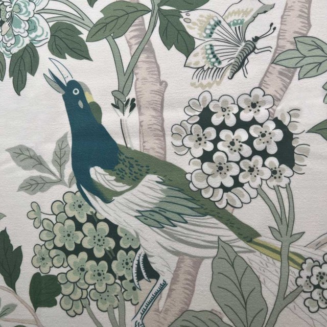 Birds & Blossoms Chinoiserie Olive Green Floral Velvet Curtain 1