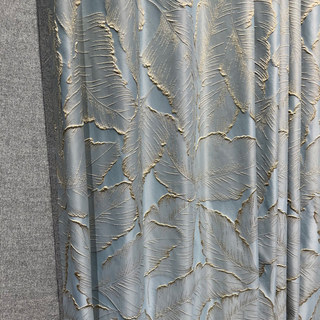Paradise Luxury 3D Jacquard Tropical Leaves Pastel Blue Curtain with Gold Details