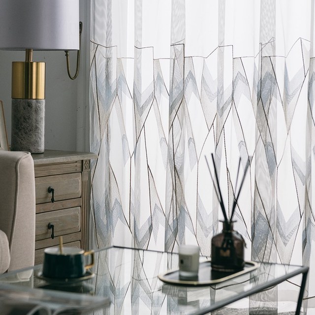 Geometrica Embroidered Sparkling Blue Gold & White Sheer Curtain 1