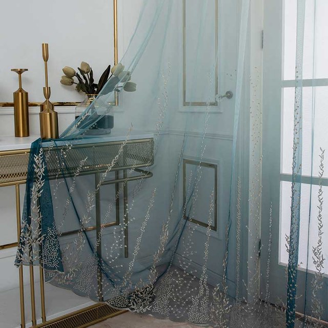 Pacific Blue Ombre Embroidered Floral Sheer Curtain 1
