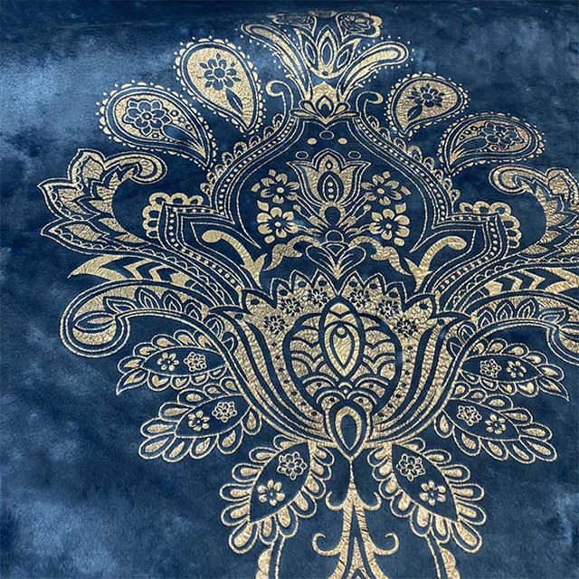 Luxury Blue and Gold Damask Velvet Curtain 1