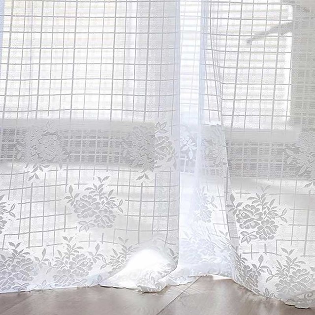 Rose Garden Grid Checked Ivory White Lace Curtain with Scalloped Edge 1