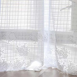 Rose Garden Grid Checked Ivory White Lace Curtain with Scalloped Edge