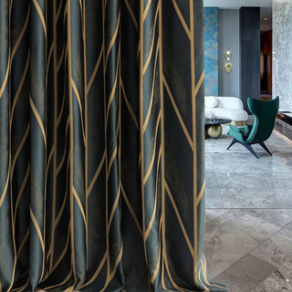 Herringbone Dark Green & Gold Geometric Blackout Curtain 3