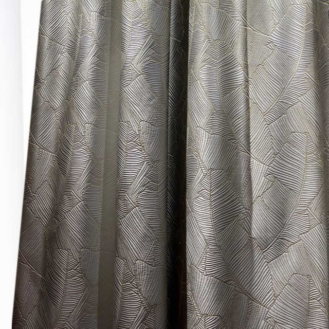 Banana Leaves Luxury 3D Jacquard Silver Gray Curtain with Gold Details 1