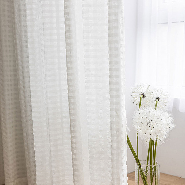 Bubble Up Ivory White Checked Grid Crushed Sheer Curtain 1