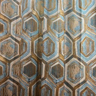 Honeycomb Luxury Jacquard Hexagon Geometric Turquoise Blue & Metallic Gold Curtain 2