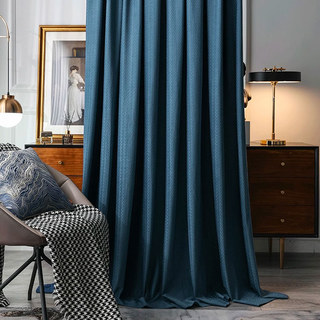Scandinavian Basketweave Denim Blue Embossed Velvet Blackout Curtains 1