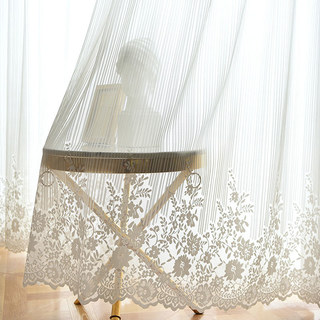 Morning Chamomile White Striped Floral Lace Sheer Curtain