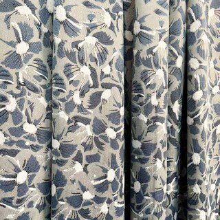 Blue Blooms Chenille Double Sided Floral Blackout Curtains