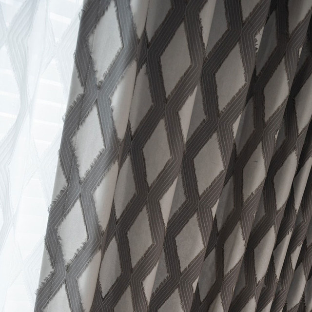 Diamond Lattice Fringe Trim Gray Geometric Blackout Curtain 1