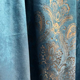 Heritage Luxury Blue and Gold Damask Velvet Curtain 3