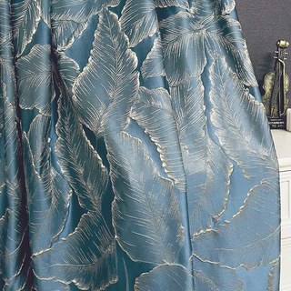 Paradise Luxury 3D Jacquard Tropical Leaves Duck Egg Blue Curtain with Gold Details