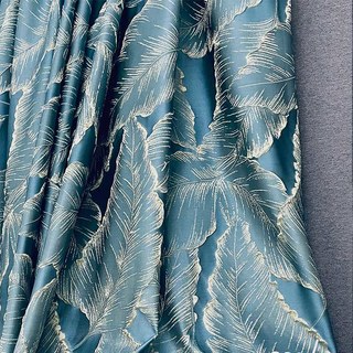 Paradise Luxury 3D Jacquard Tropical Leaves Duck Egg Blue Curtain with Gold Details 2