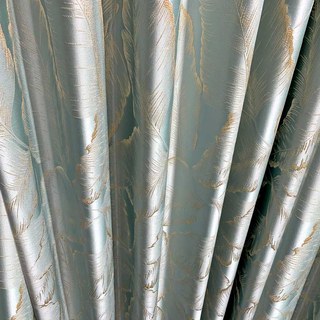 Paradise Luxury 3D Jacquard Tropical Leaves Pastel Blue Curtain with Gold Details 6