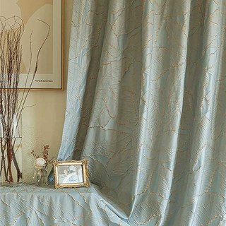 Paradise Luxury 3D Jacquard Tropical Leaves Pastel Blue Curtain with Gold Details 2