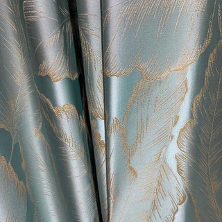 Paradise Luxury 3D Jacquard Tropical Leaves Pastel Blue Curtain with Gold Details 5