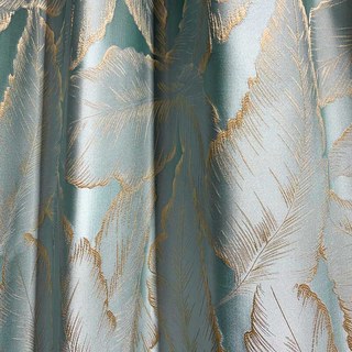 Paradise Luxury 3D Jacquard Tropical Leaves Pastel Blue Curtain with Gold Details 4