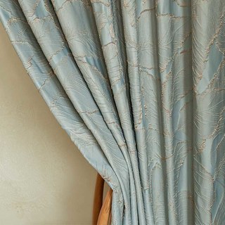 Paradise Luxury 3D Jacquard Tropical Leaves Pastel Blue Curtain with Gold Details 3