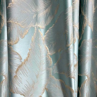Paradise Luxury 3D Jacquard Tropical Leaves Pastel Blue Curtain with Gold Details 7