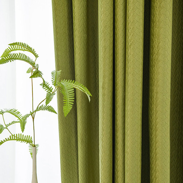 Scandinavian Basketweave Olive Green Embossed Velvet Blackout Curtains 1