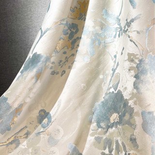 Secret Garden Silky Cream & Pastel Teal Floral Curtain with Gold Details 4